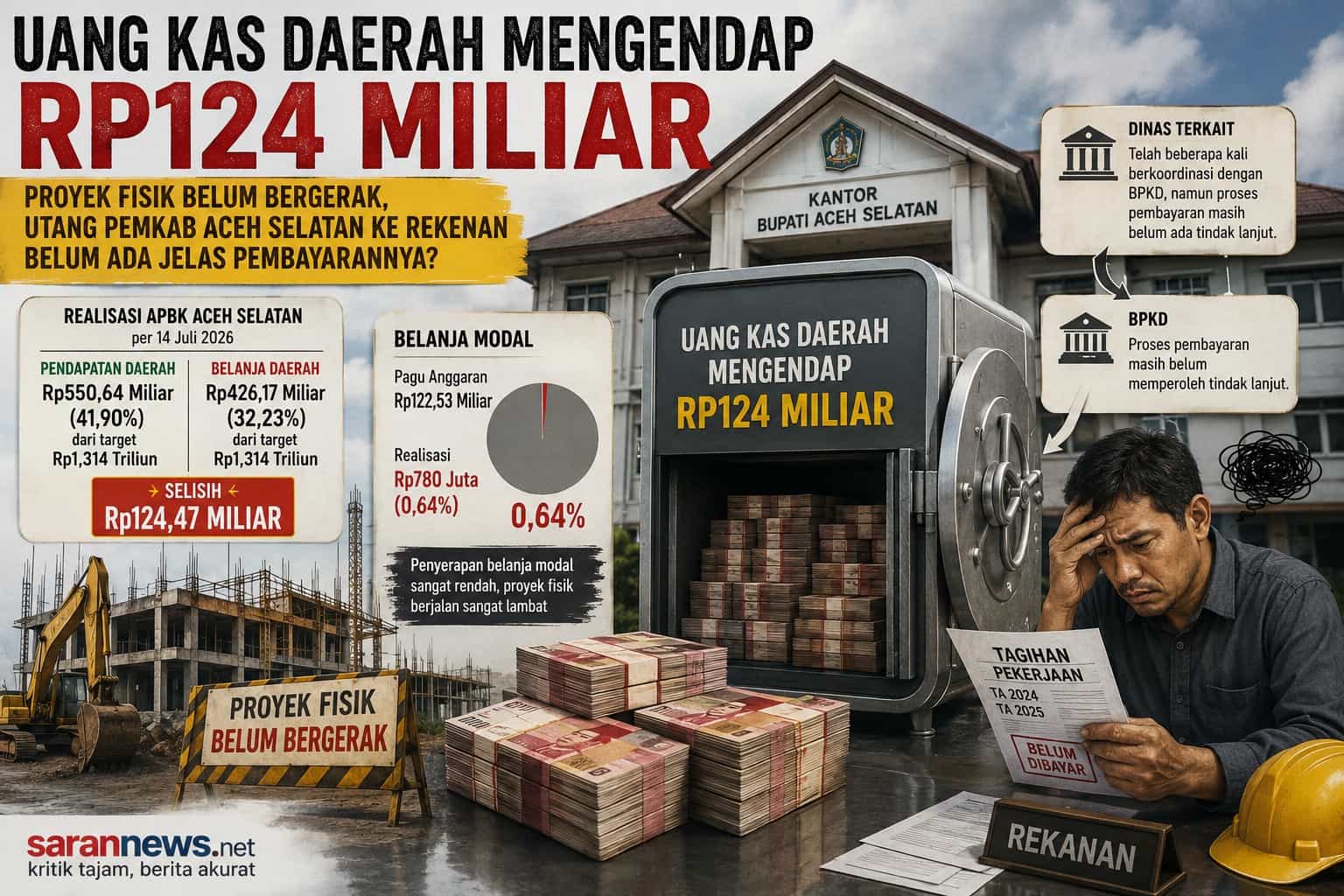 Uang Kas Daerah Mengendap Rp124 Miliar, Proyek Fisik Belum Bergerak, Utang Pemkab Aceh Selatan ke rekenan belum jelas Pembayarannya?