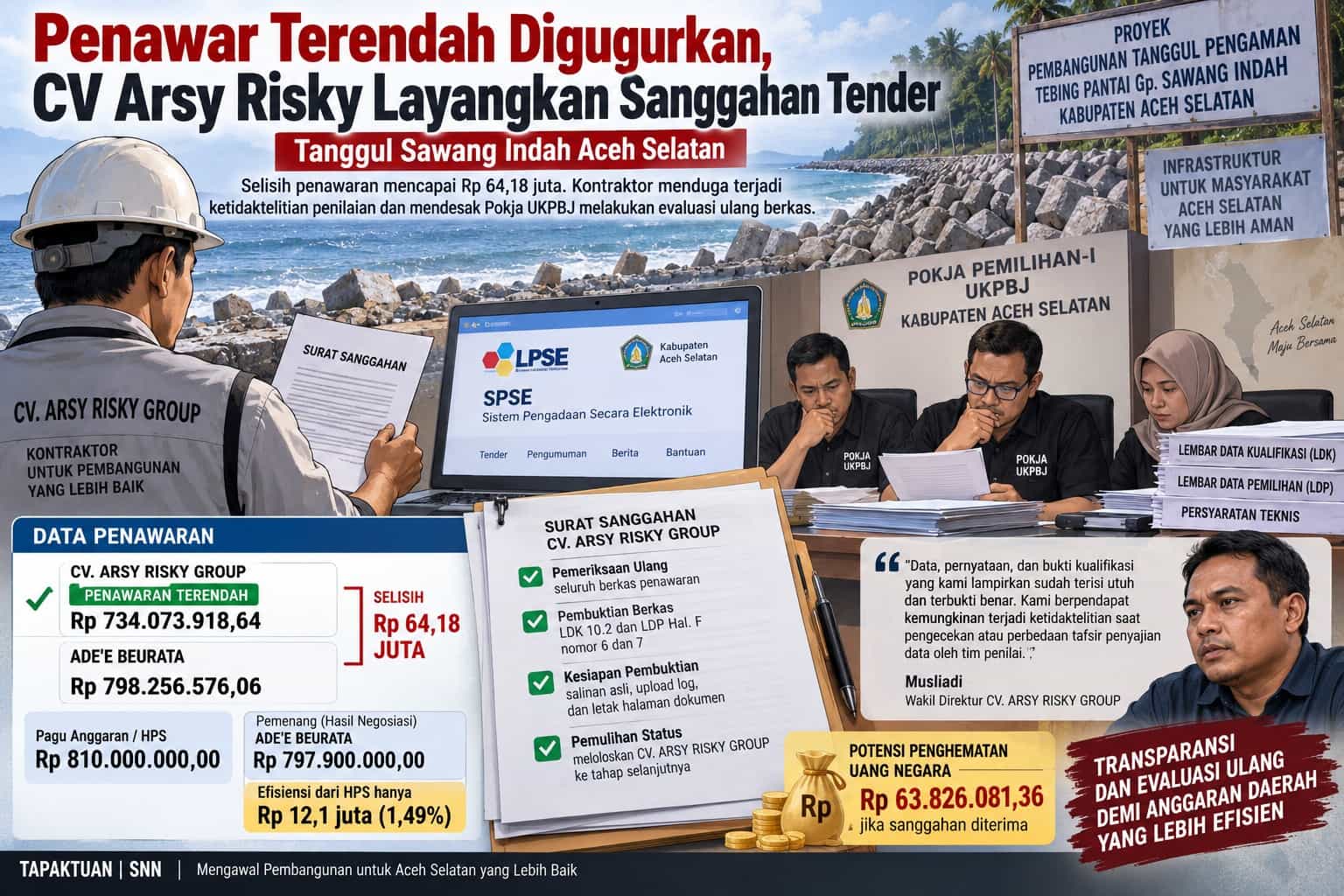 Penawar Terendah Digugurkan, CV Arsy Risky Layangkan Sanggahan Tender Tanggul Sawang Indah Aceh Selatan