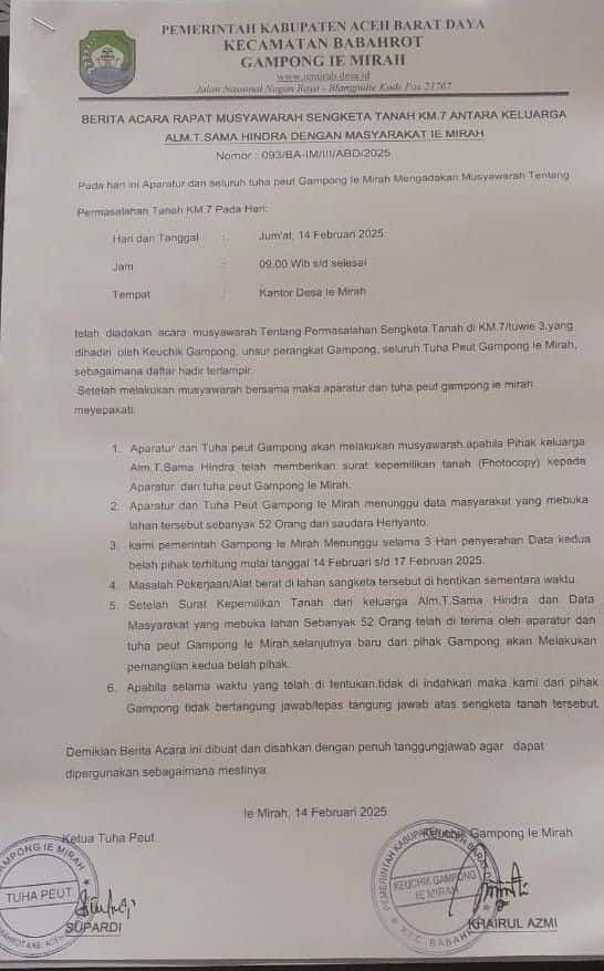 Menanti Penyelesaian Sengketa Tanah Milik Alm Teuku Sama Indra di Abdya