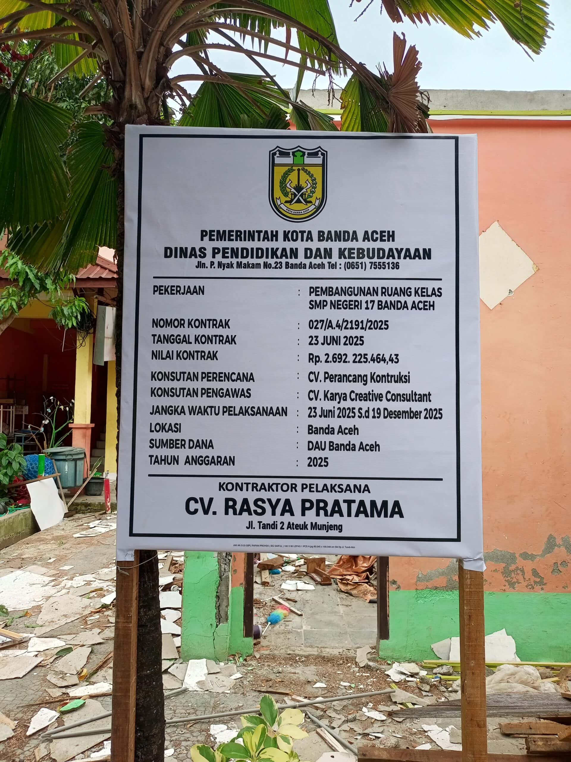 Kualitas Pengerjaan Proyek Ruang Kelas Baru SMPN 17 Banda Aceh Disorot, Pengawasan Dipertanyakan