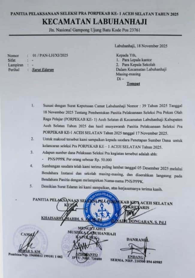 Program “Dadakan” PORPEKAB Aceh Selatan: Mengapa ASN yang Harus Menanggung Beban?