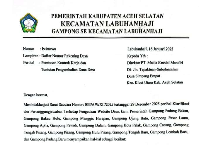 Gagal Total! 16 Desa di Labuhanhaji Resmi Putus Kontrak dan Tuntut Pengembalian Dana Desa dari PT MKM