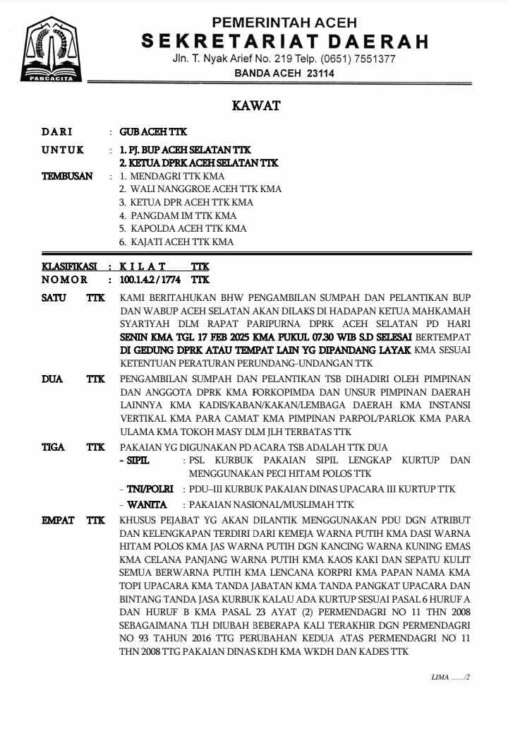 Pelantikan Bupati Aceh Selatan Dilaksanakan Pada Senin 17 Februari 2025