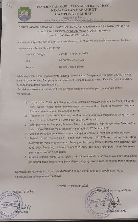 Menanti Penyelesaian Sengketa Tanah Milik Alm Teuku Sama Indra di Abdya