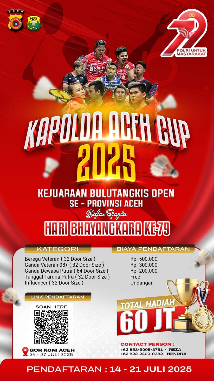 Kejuaraan Badminton Kapolda Aceh Cup 2025 Digelar 24–27 Juli, Total Hadiah Rp60 Juta