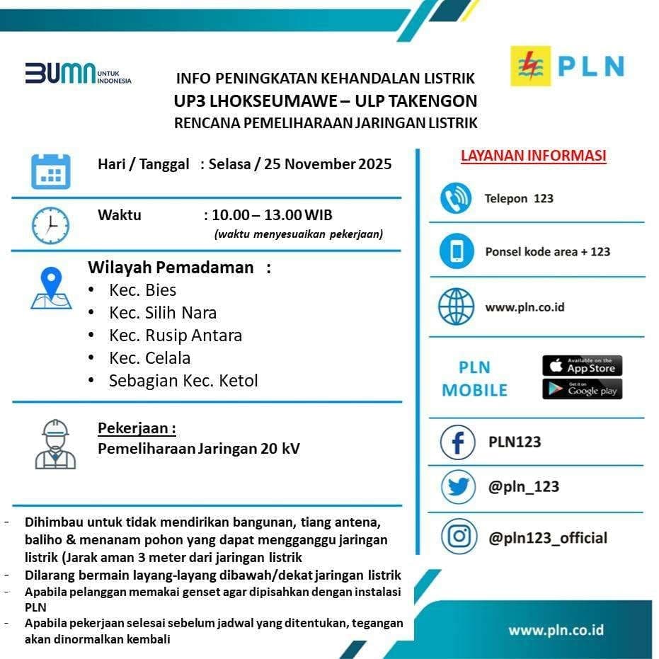 PLN Takengon Umumkan Pemadaman Terencana 25 November, Berikut List Kecamatan Terdampak