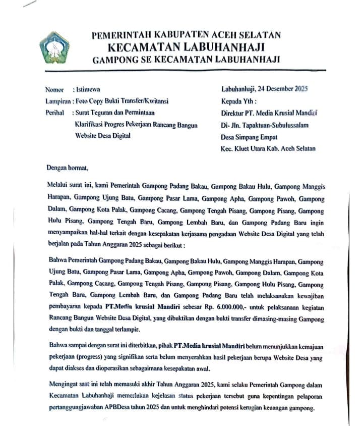 Skandal Website Desa Aceh Selatan: Formaki Desak Kejari Bergerak, Keuchik Mulai “Bernyanyi” Lewat Surat Teguran