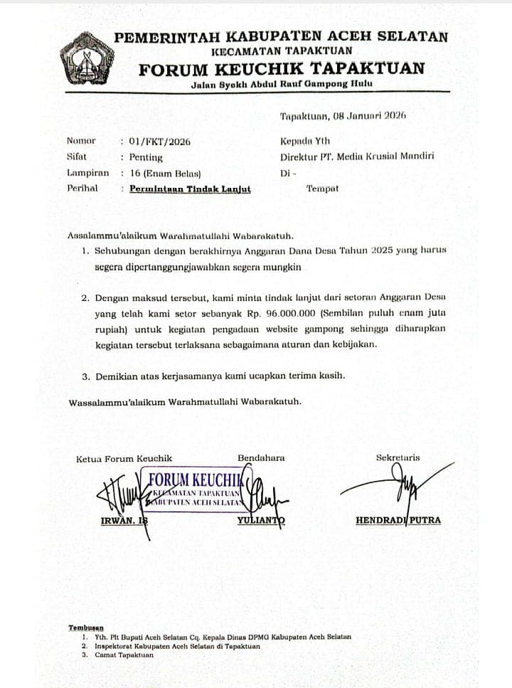 Setoran Rp96 Juta Terkuak, Forum Keuchik Tapaktuan Tagih Janji Vendor Website Desa.