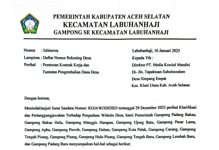 Gagal Total! 16 Desa di Labuhanhaji Resmi Putus Kontrak dan Tuntut Pengembalian Dana Desa dari PT MKM