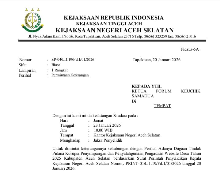 Kadis DPMG Aceh Selatan dan Empat Forum Keuchik Bakal Diperiksa Kejaksaan Terkait Skandal Proyek Website Desa