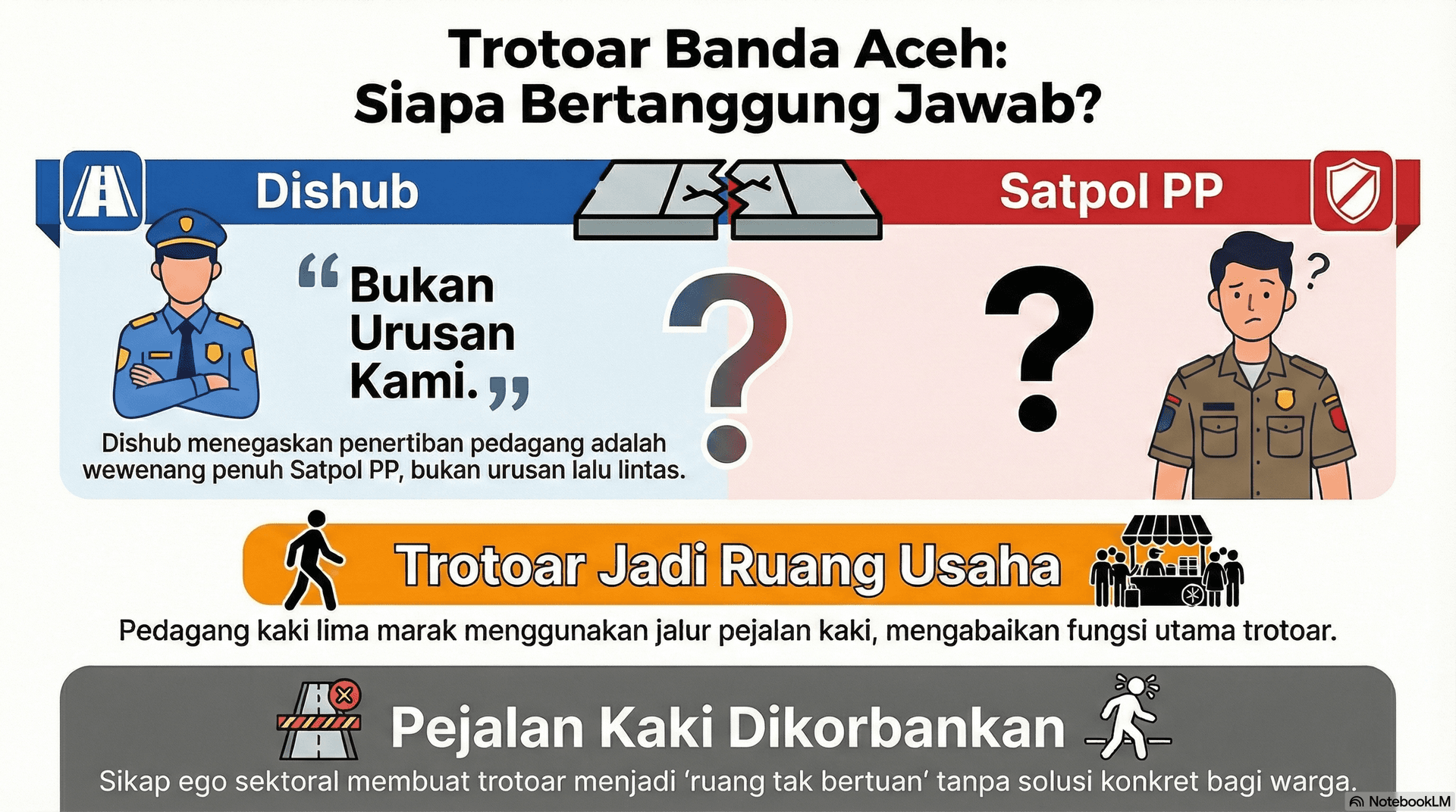 Trotoar Banda Aceh Jadi ‘Ruang Tak Bertuan’: Dishub Lepas Tangan, Sebut Penertiban Sepenuhnya Ranah Satpol PP