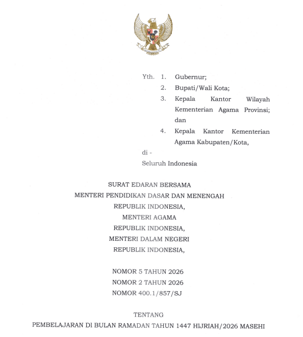 SEB Tiga Menteri Tetapkan hari LIBUR SEKOLAH Bulan Ramadhan 2026 Masehi/1447 Hijrah, Catat ini Jadwalnya