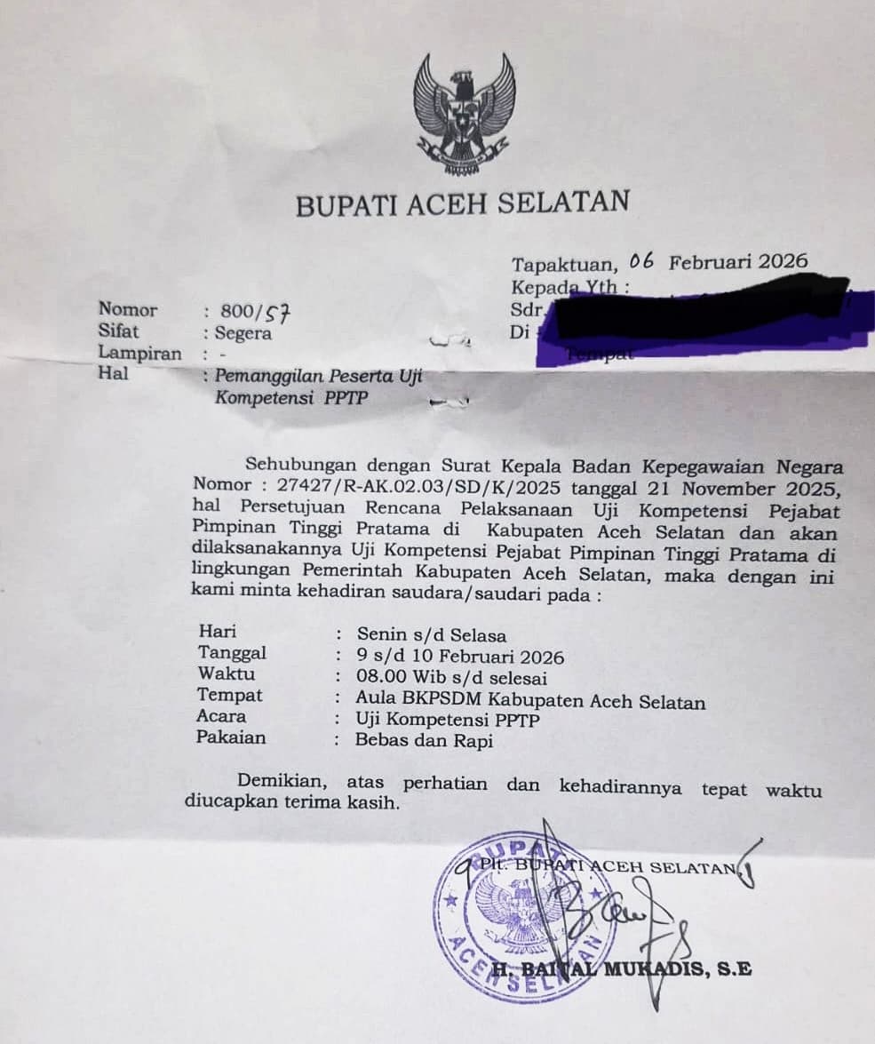 Sekda dan BKPSDM Kompak Bungkam Soal Izin Mendagri, Uji Kompetensi Eselon II Aceh Selatan Terancam Cacat Hukum?