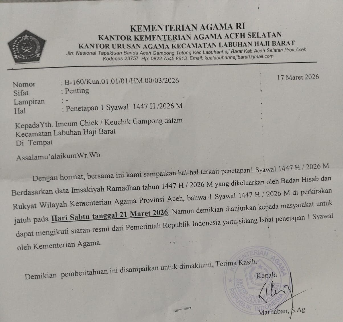 KUA Labuhan Haji Barat Perkirakan 1 Syawal 1447 H Jatuh pada 21 Maret 2026