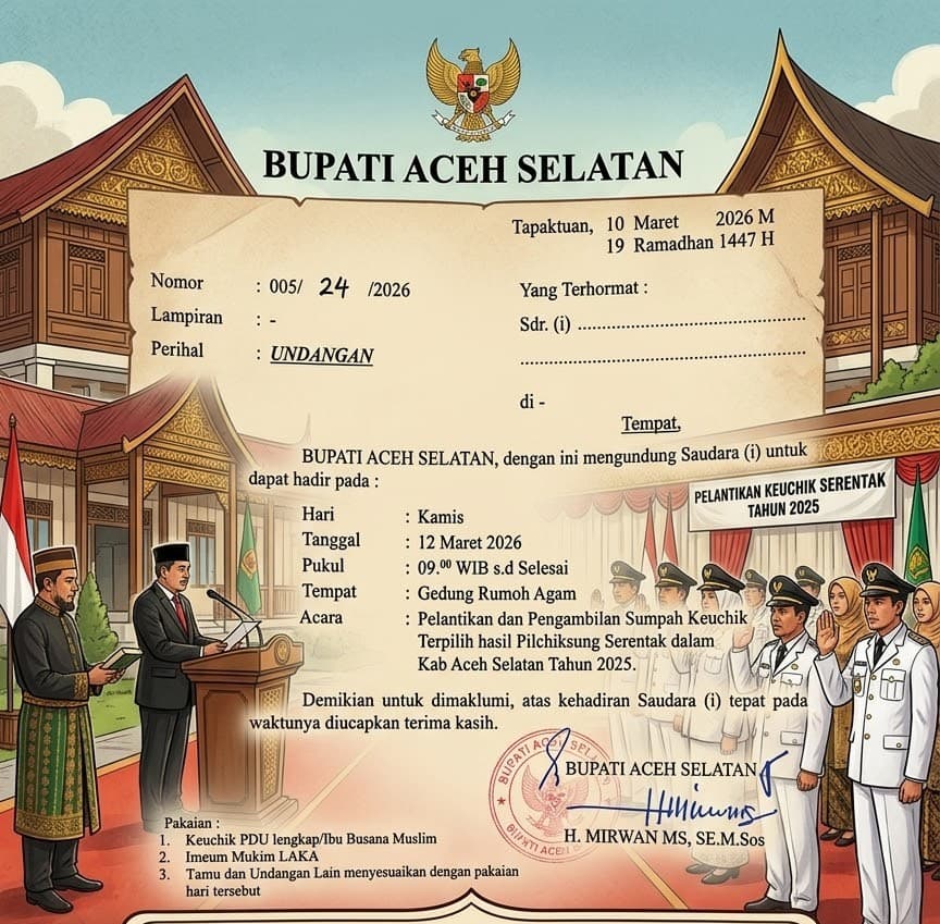 Dua Hari Aktif Bertugas, Bupati Mirwan MS Akhiri Polemik Penundaan Pelantikan Keuchik Aceh Selatan, Publik tanyakan alasan ditunda selama ini