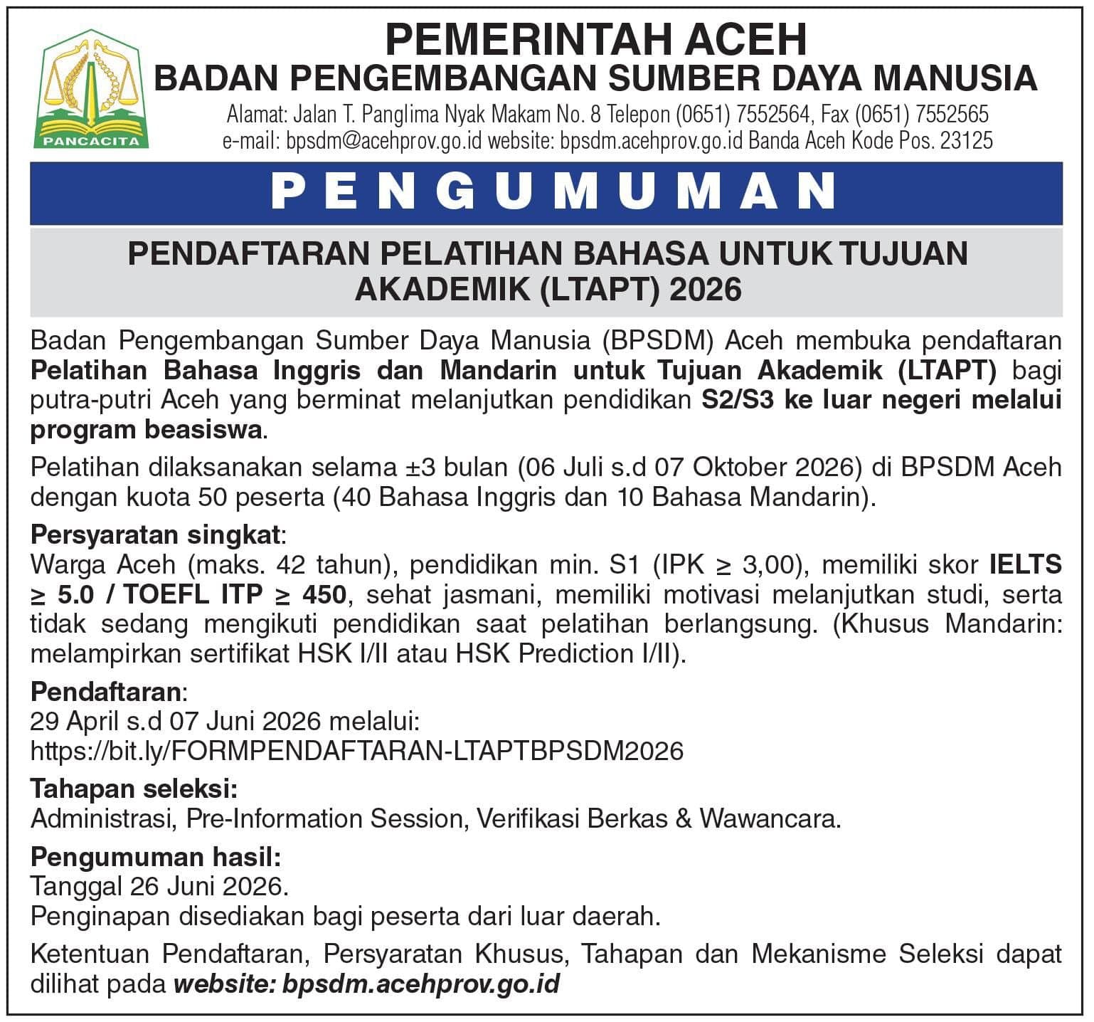 Siapkan Generasi Aceh Tembus Beasiswa Luar Negeri, BPSDM Aceh Buka Pelatihan Bahasa Akademik Gratis