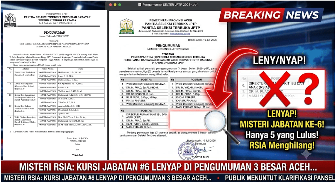 BREAKING NEWS: Misteri Lenyapnya Kursi Direktur RSIA dari Pengumuman 3 Besar JPTP Aceh