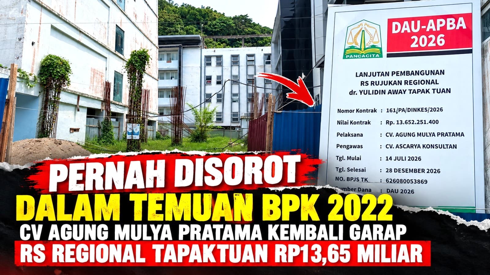 Pernah Disorot dalam Temuan BPK 2022, CV Agung Mulya Pratama Kembali Garap RS Regional Tapaktuan Rp13,65 Miliar