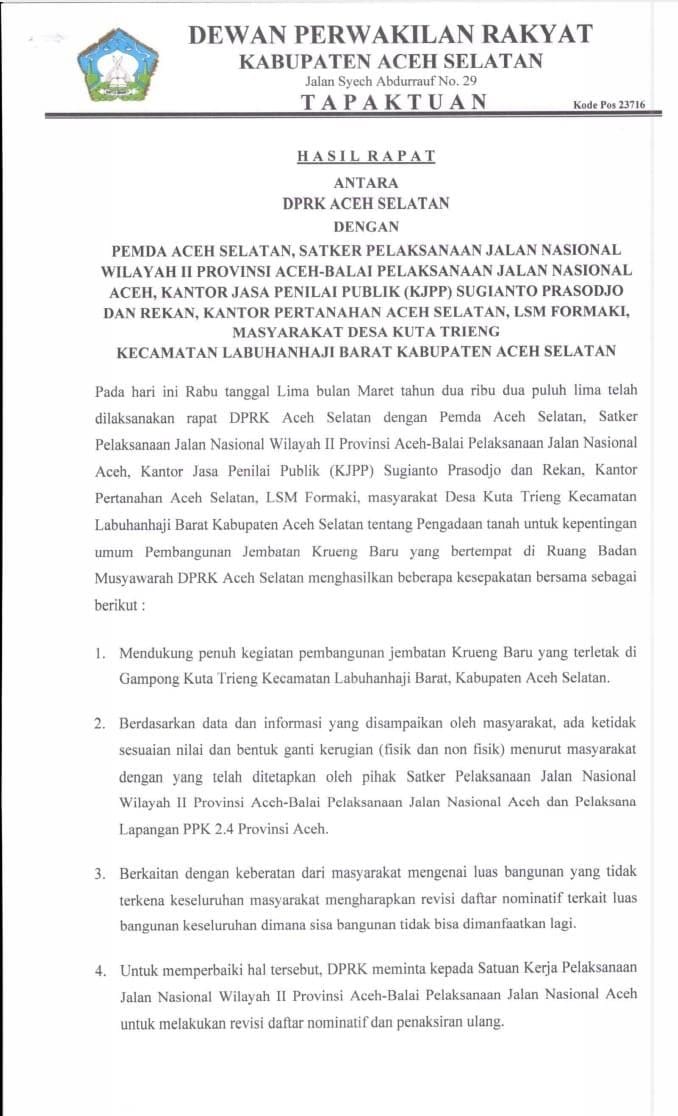 Ini Hasil Rapat DPRK  Aceh Selatan Terkait Pembangunan Jembatan Krueng Baru