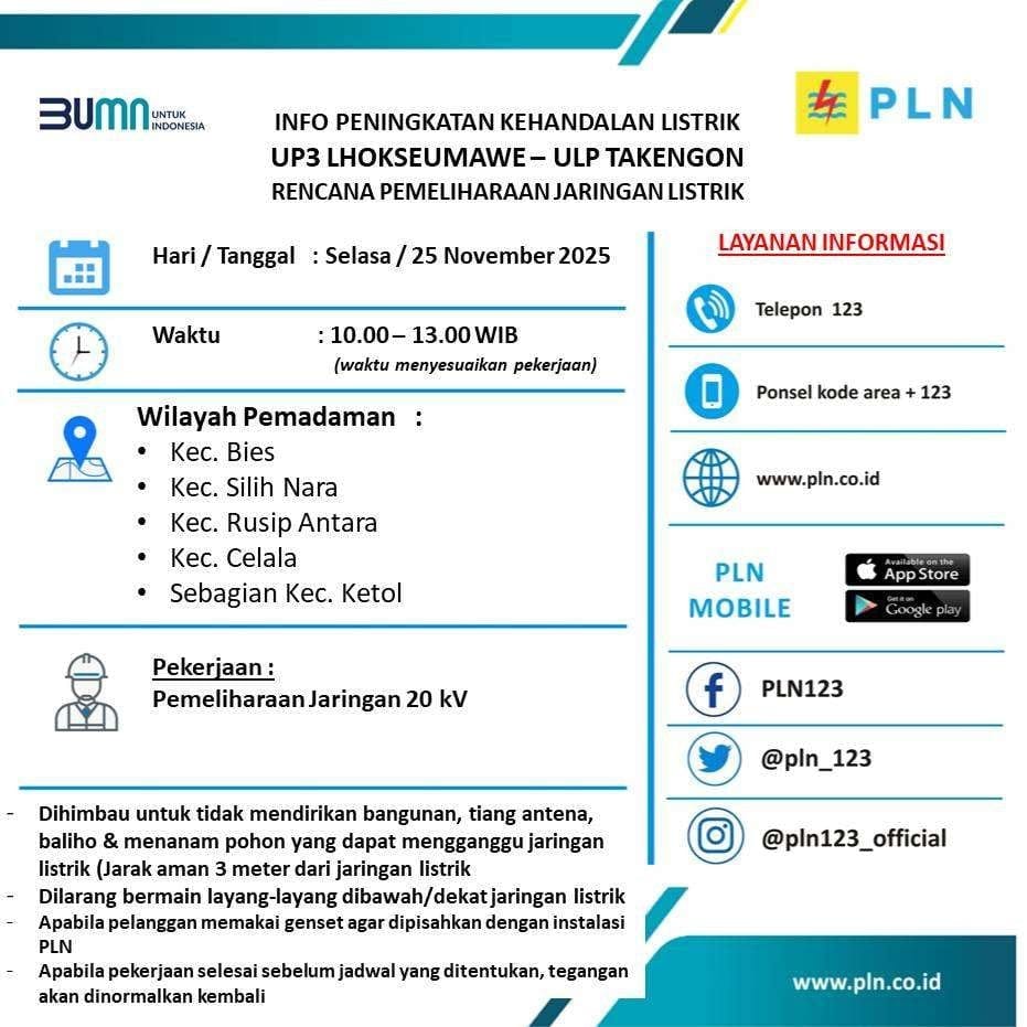 PLN Takengon Umumkan Pemadaman Terencana 25 November, Berikut List Kecamatan Terdampak