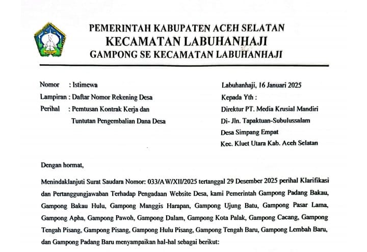 Gagal Total! 16 Desa di Labuhanhaji Resmi Putus Kontrak dan Tuntut Pengembalian Dana Desa dari PT MKM