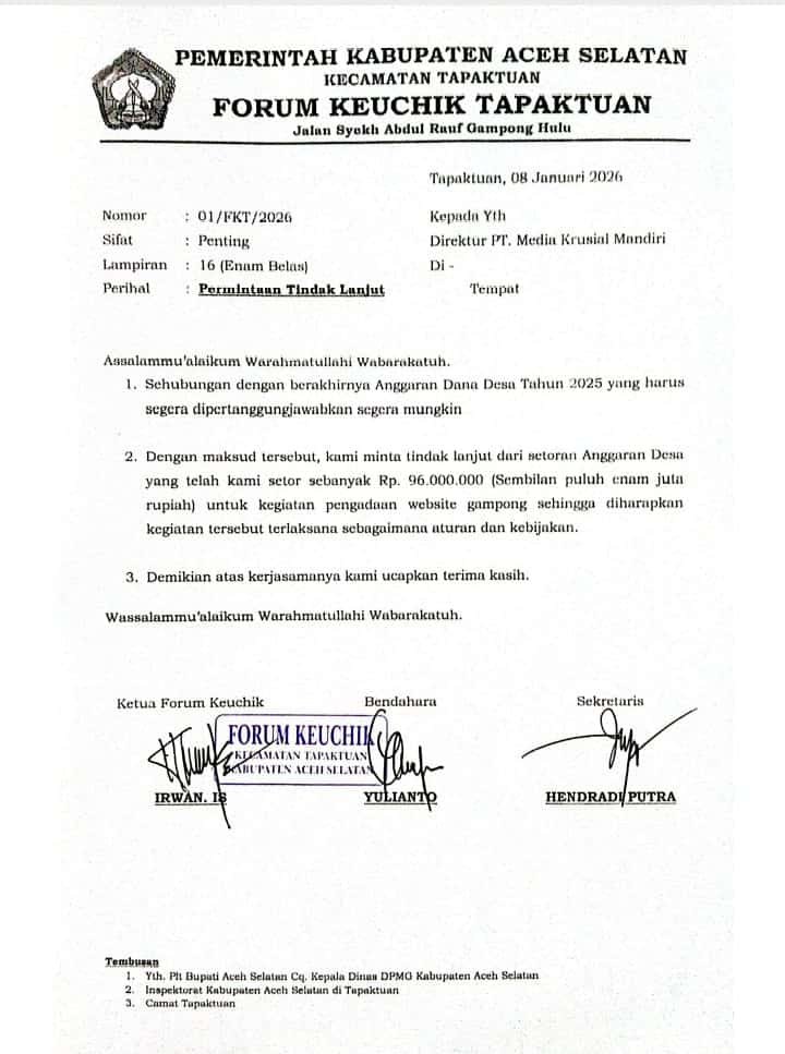 Setoran Rp96 Juta Terkuak, Forum Keuchik Tapaktuan Tagih Janji Vendor Website Desa.