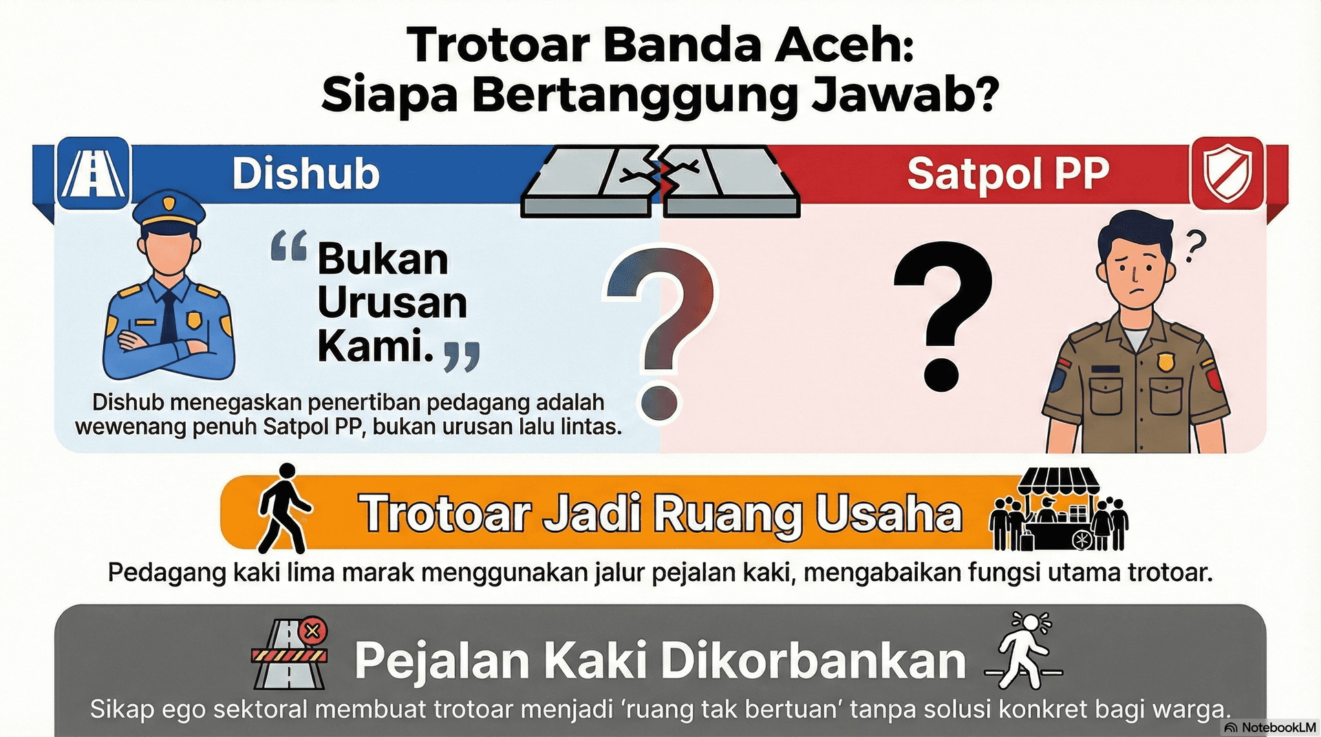 Trotoar Banda Aceh Jadi ‘Ruang Tak Bertuan’: Dishub Lepas Tangan, Sebut Penertiban Sepenuhnya Ranah Satpol PP