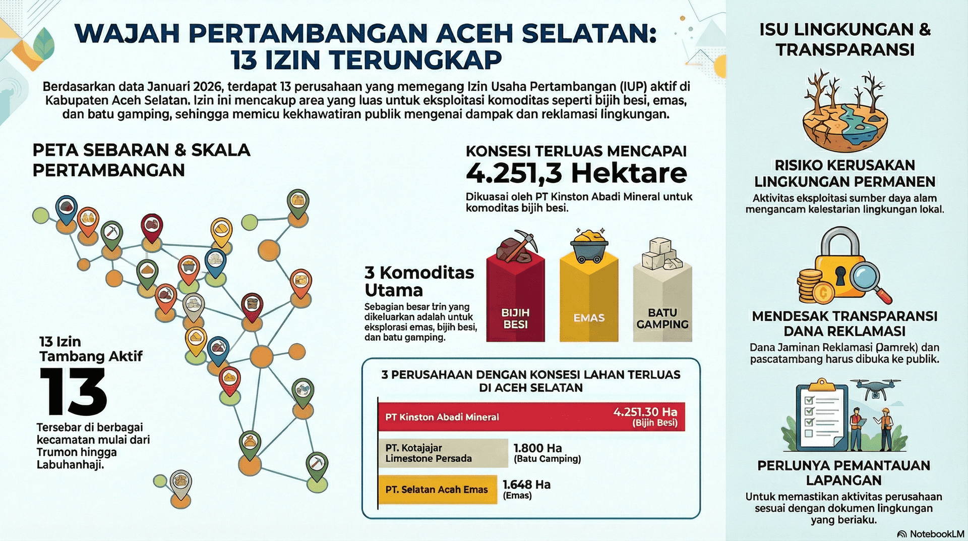 13 Izin Tambang di Aceh Selatan, Dari Trumon Hingga Labuhanhaji, Jaminan Reklamasinya bagaimana?