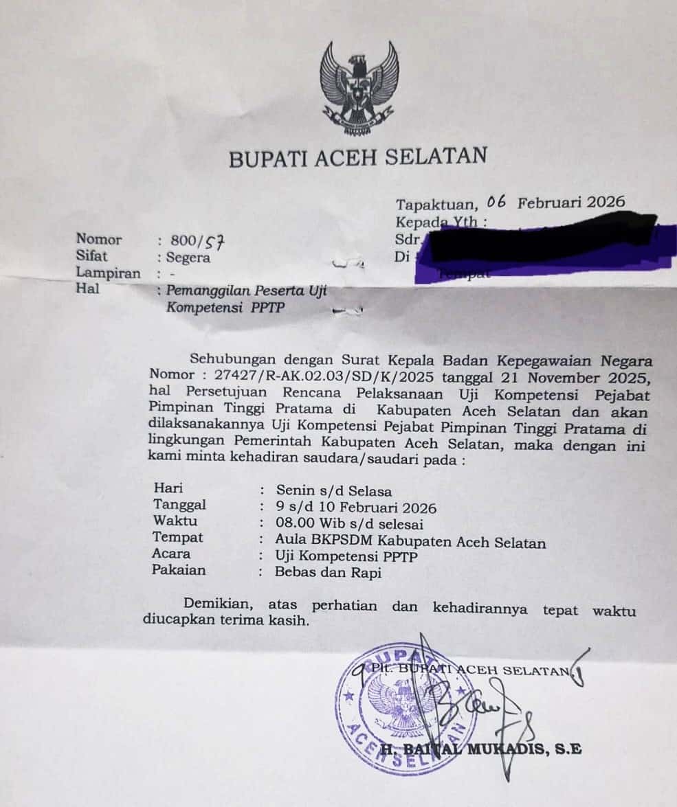 Sekda dan BKPSDM Kompak Bungkam Soal Izin Mendagri, Uji Kompetensi Eselon II Aceh Selatan Terancam Cacat Hukum?
