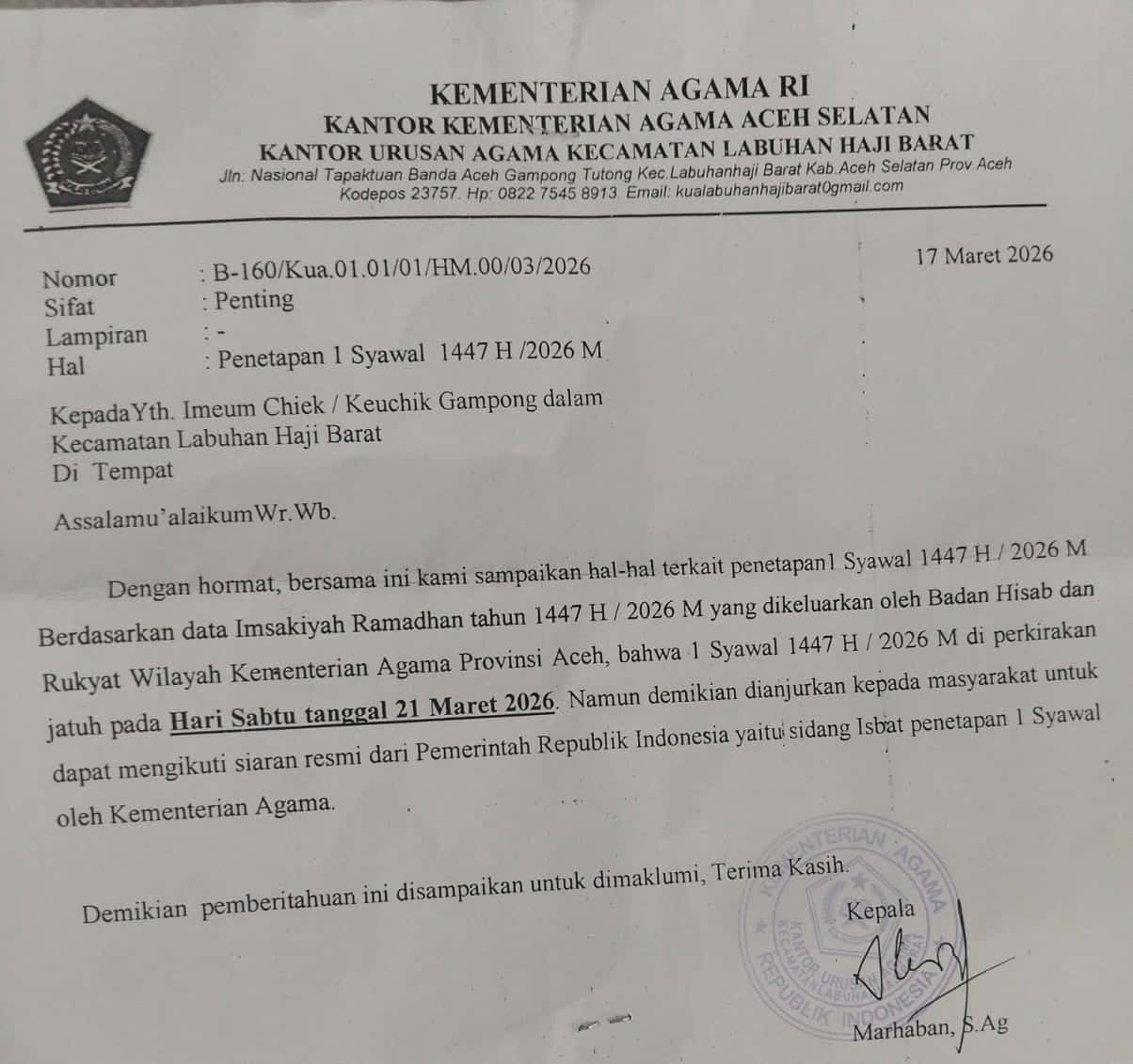 KUA Labuhan Haji Barat Perkirakan 1 Syawal 1447 H Jatuh pada 21 Maret 2026
