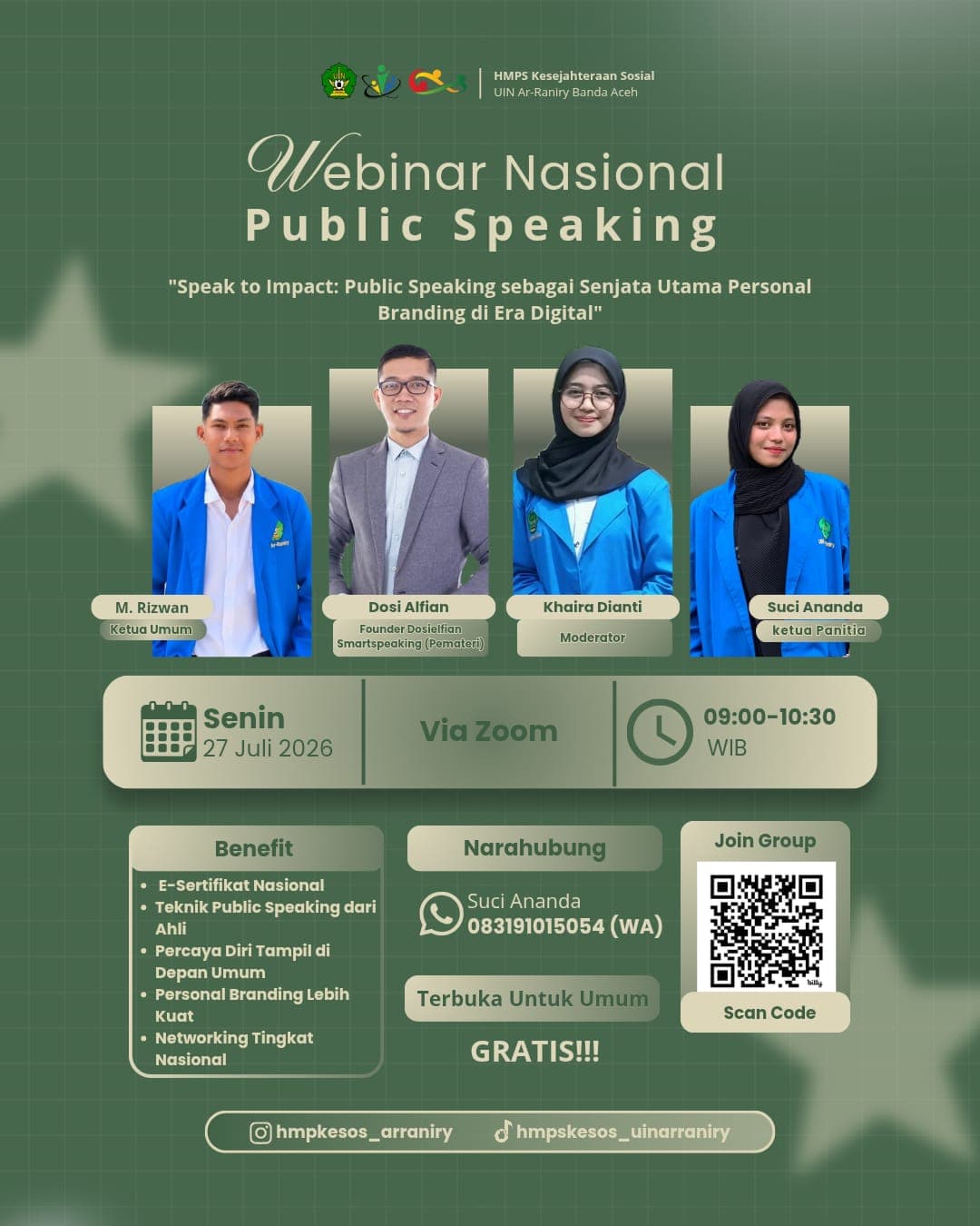 HMPS Kesejahteraan Sosial UIN Ar-Raniry Sukses Gelar Webinar Nasional, Bekali Generasi Digital Kuasai Public Speaking