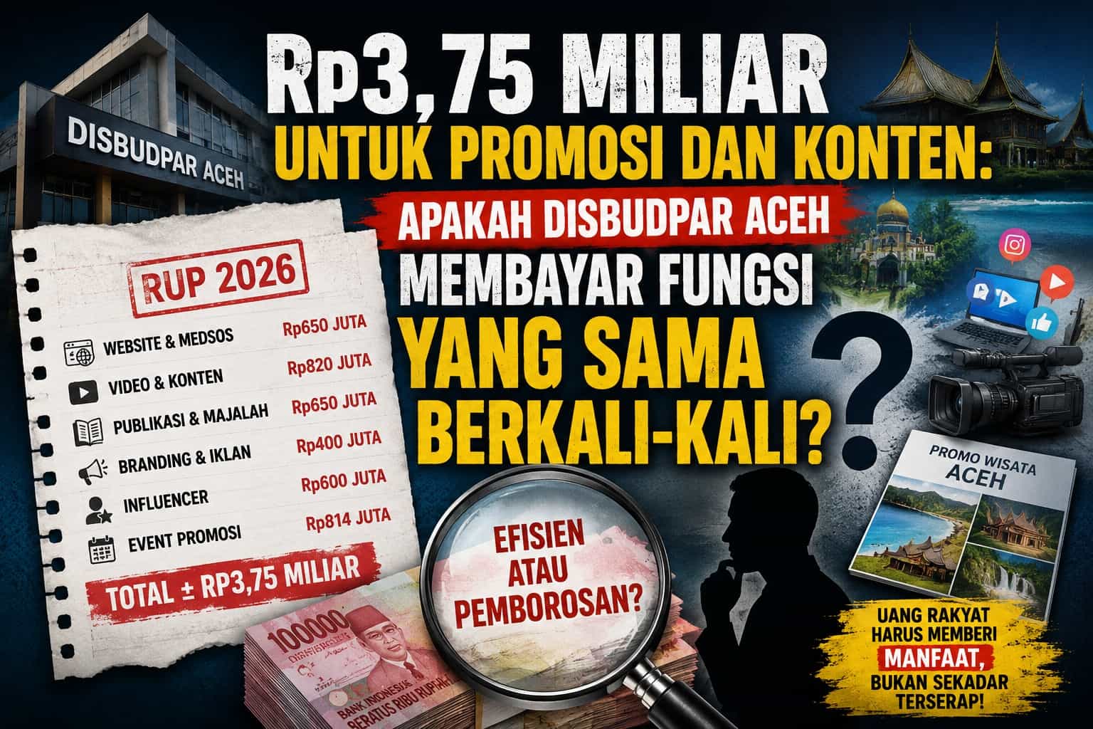 Struktur Belanja Rp31,85 Miliar Disbudpar Aceh TA 2026: Mengendus Jejak “Double Spending” dan Potensi Pemborosan Promosi