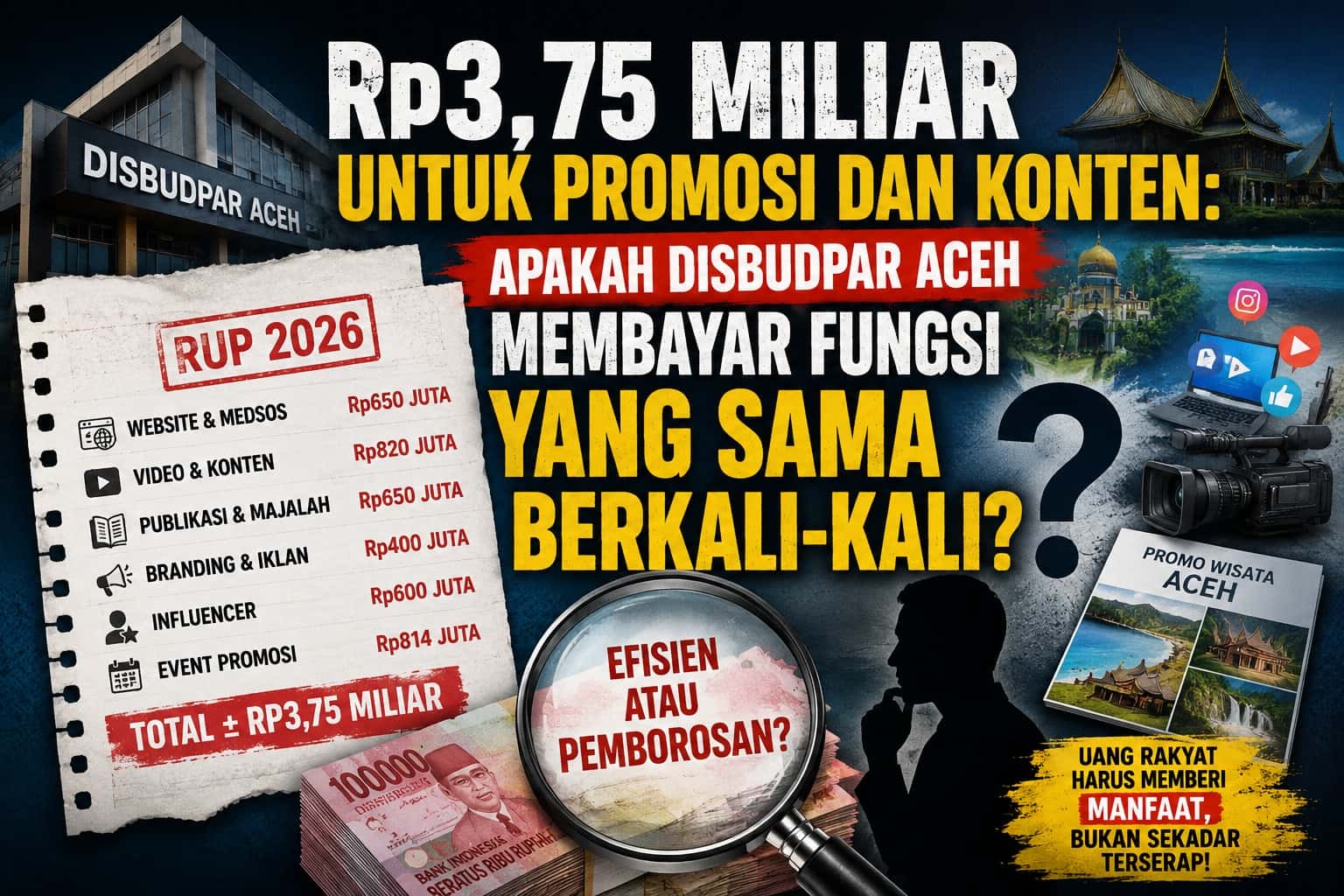 Struktur Belanja Rp31,85 Miliar Disbudpar Aceh TA 2026: Mengendus Jejak “Double Spending” dan Potensi Pemborosan Promosi