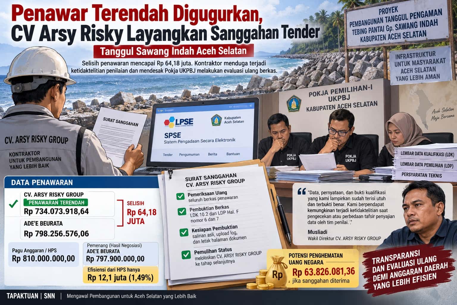 Penawar Terendah Digugurkan, CV Arsy Risky Layangkan Sanggahan Tender Tanggul Sawang Indah Aceh Selatan